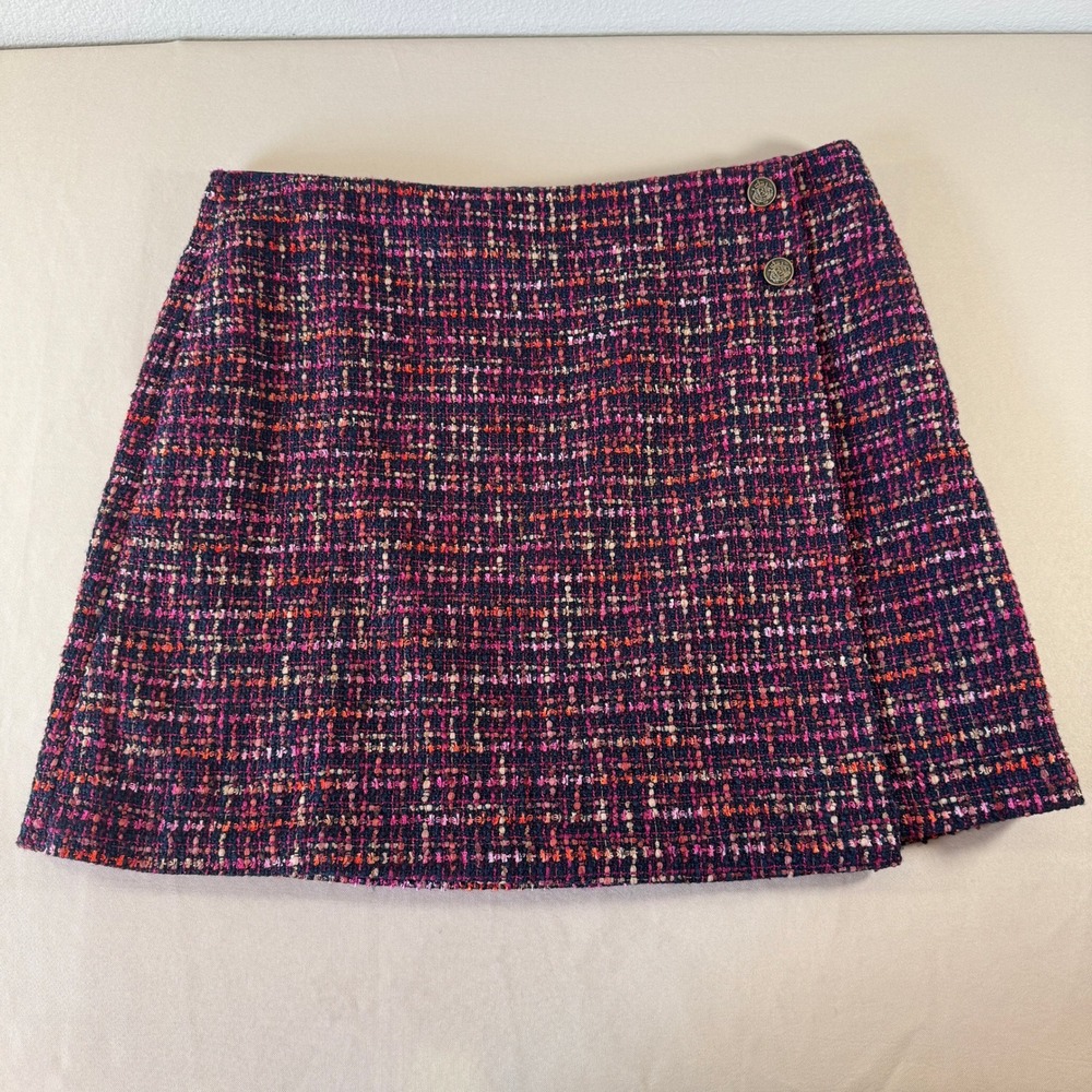 LOFT Tweed Faux Wrap Skirt Navy‎ Purple Button Detail Size 16 Classic Office NWT